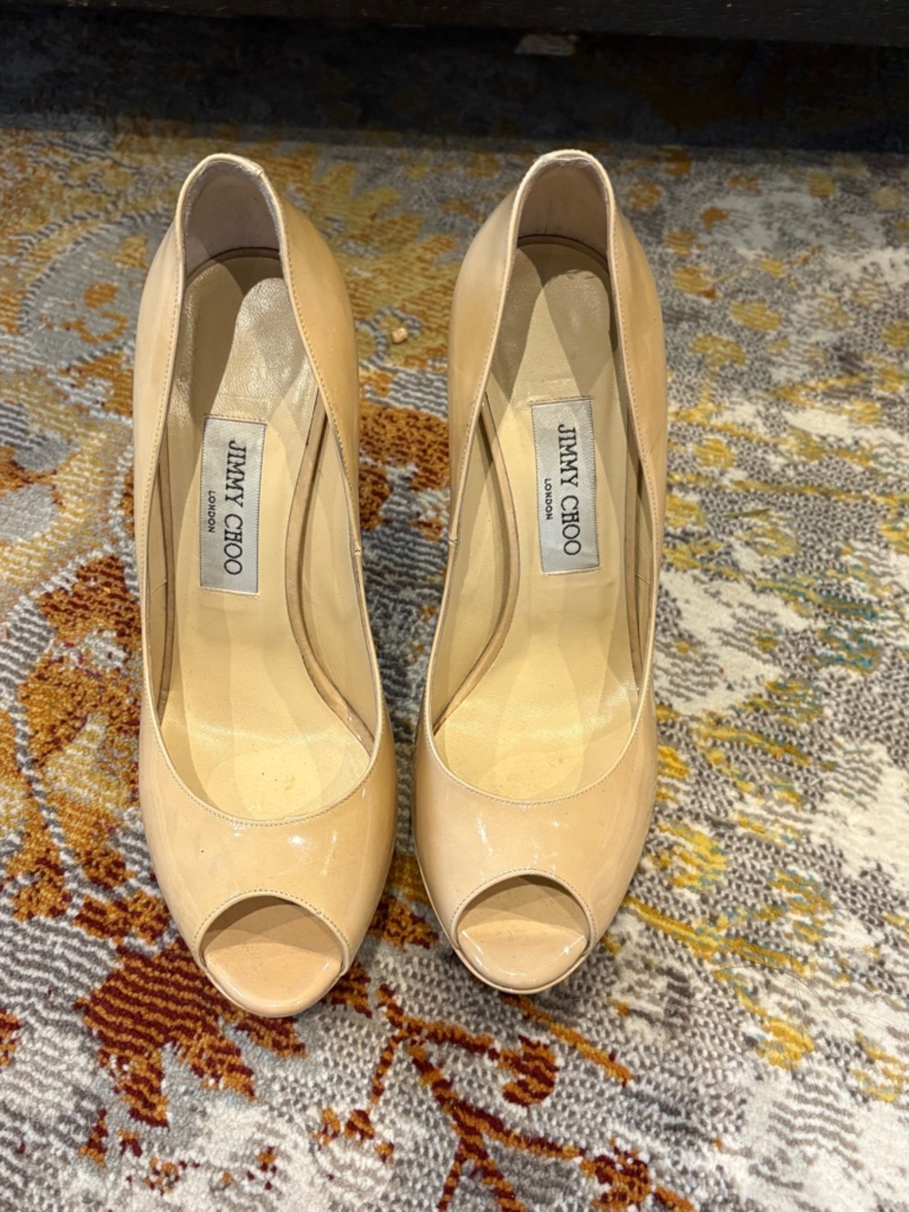 Jimmy Choo Beige Patent Leather Peep-Toe Pumps